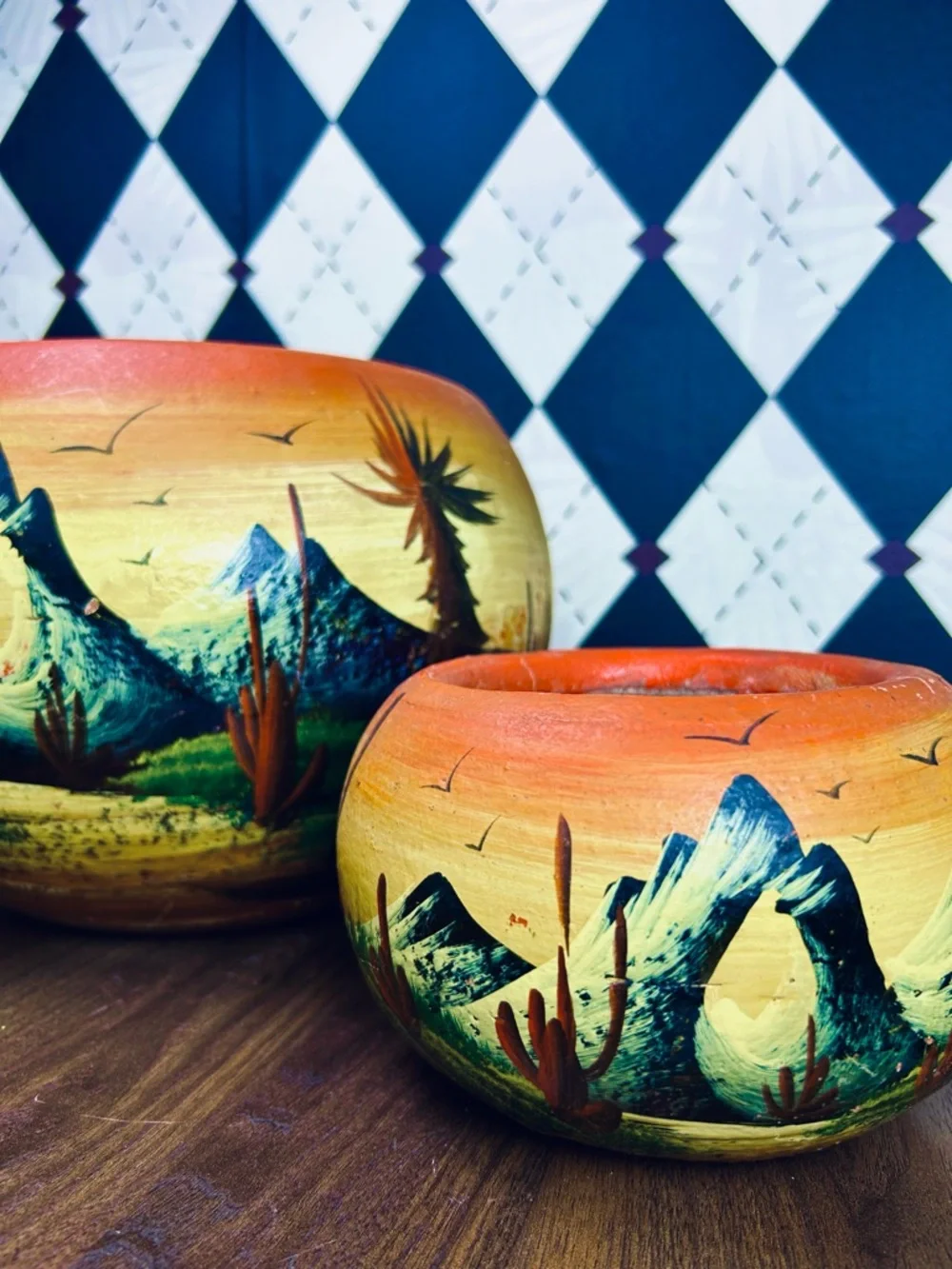 1970s Mexican Desert Landscape Planters Hand Painted Clay Pottery Southwestern - Picture 12 of 12